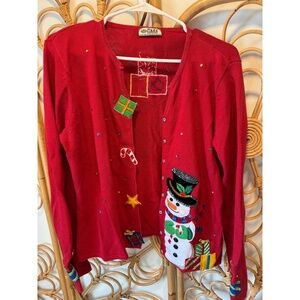 Tiara International Cardigan Sweater Red Multi Vintage Christmas Snowman